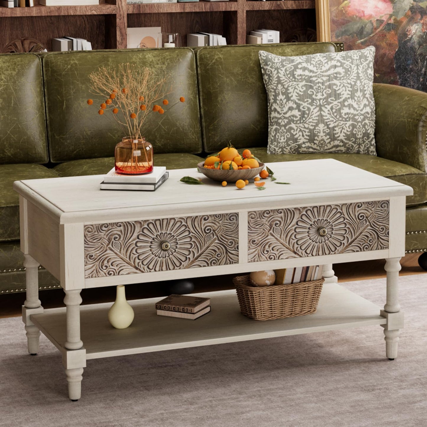 COSIEST Vintage Coffee Table w Drawers Farmhouse 2 Tier Small Wood Coffee Table with Solid Wood Legs Wood Rectangular Tables with Shelf for Living Room
